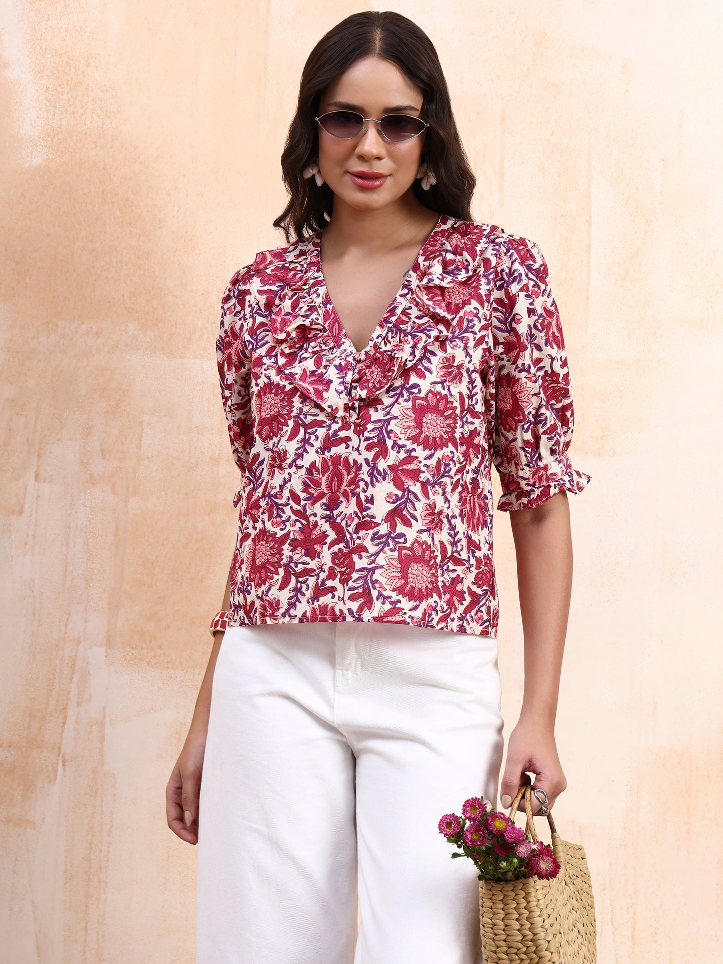 Off-White Floral Printed Peplum Top