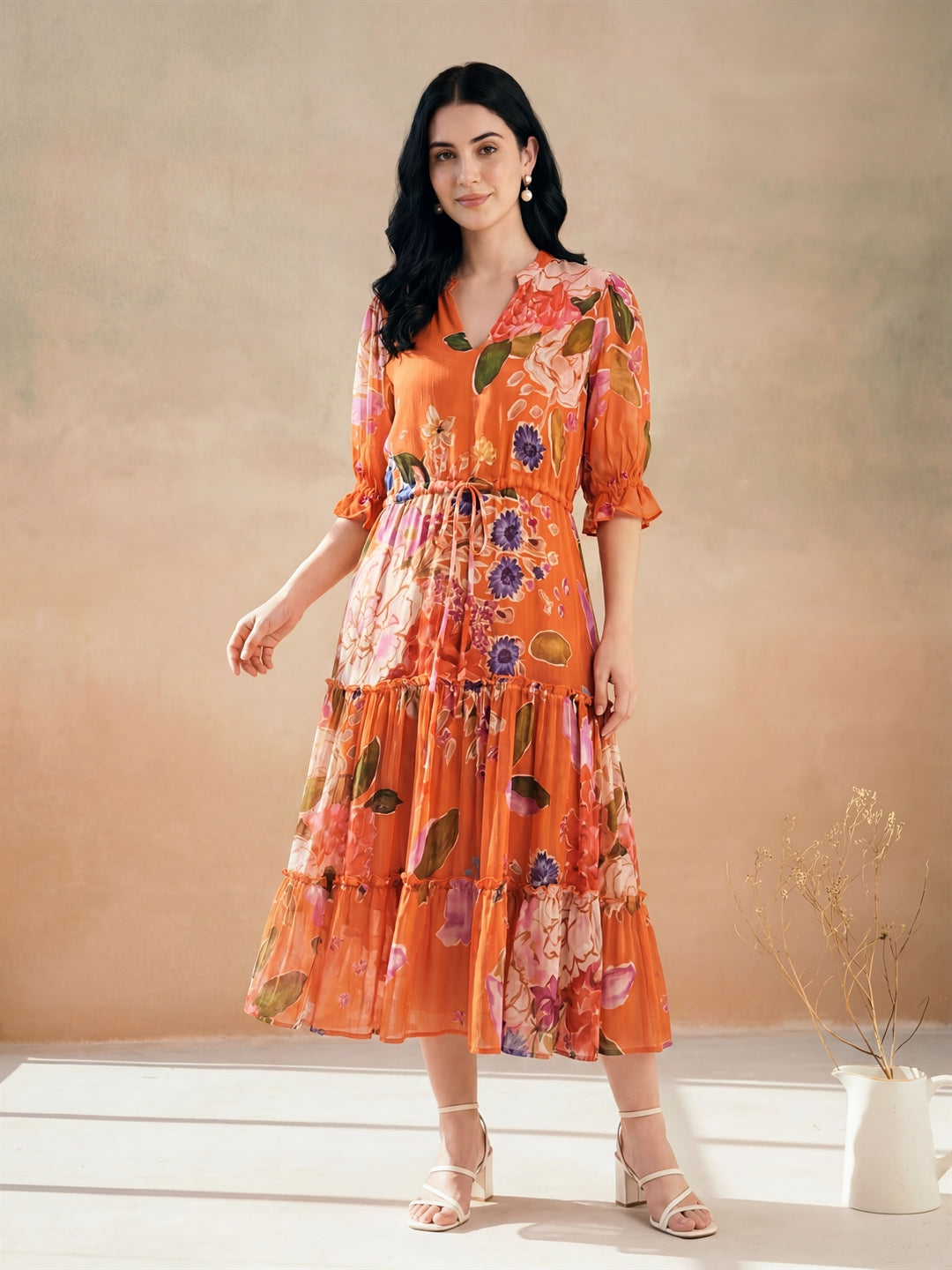 Orange Digital Floral Printed Tiered Dress