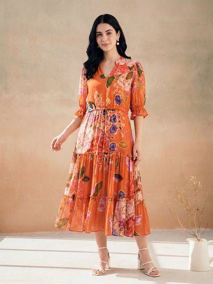 Orange Digital Floral Printed Tiered Dress