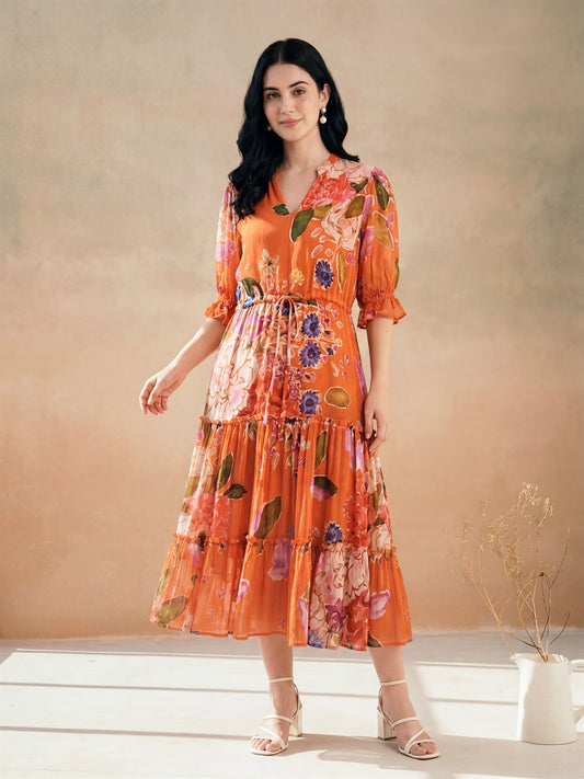 Orange Digital Floral Printed Tiered Dress