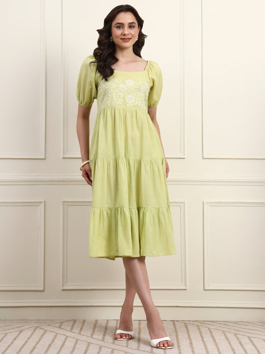 Lime Green Embroidered Tier Dress