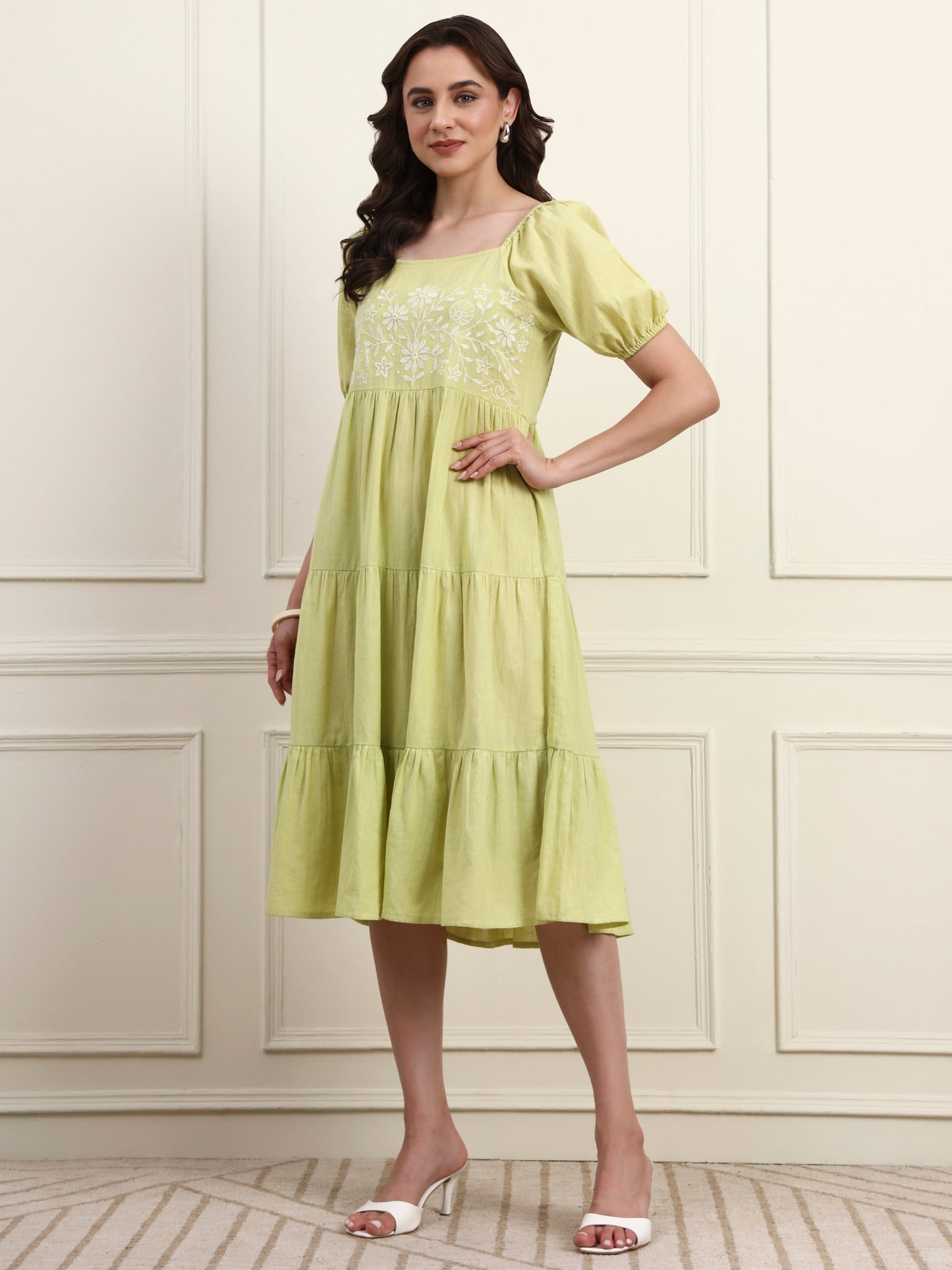 Lime Green Embroidered Tier Dress
