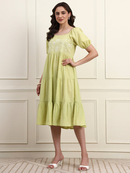 Lime Green Embroidered Tier Dress