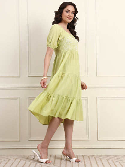 Lime Green Embroidered Tier Dress