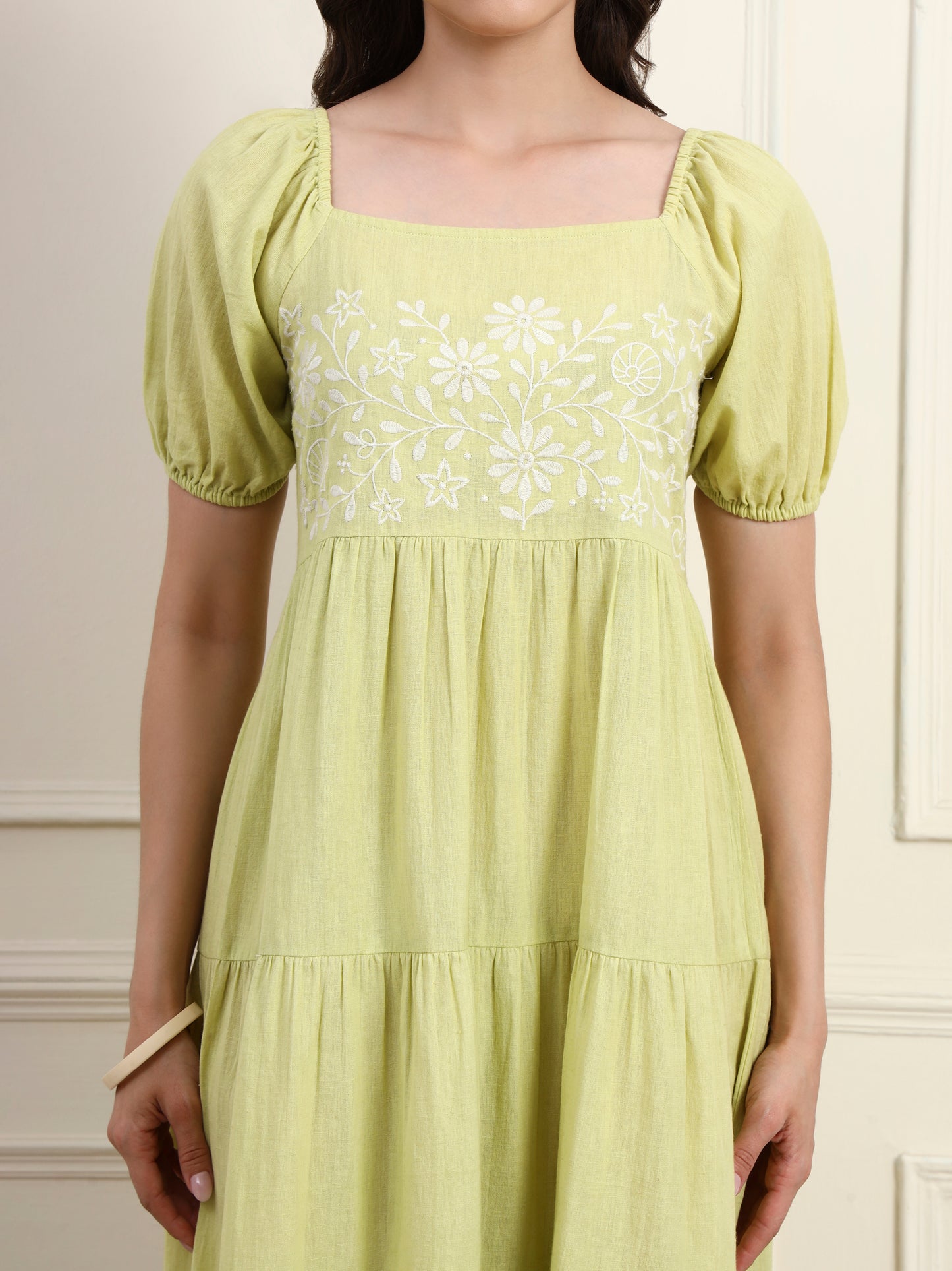 Lime Green Embroidered Tier Dress