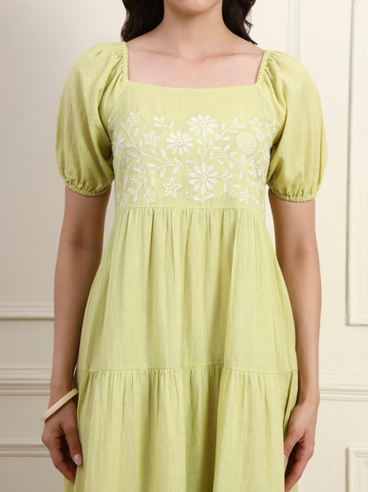 Lime Green Embroidered Tier Dress