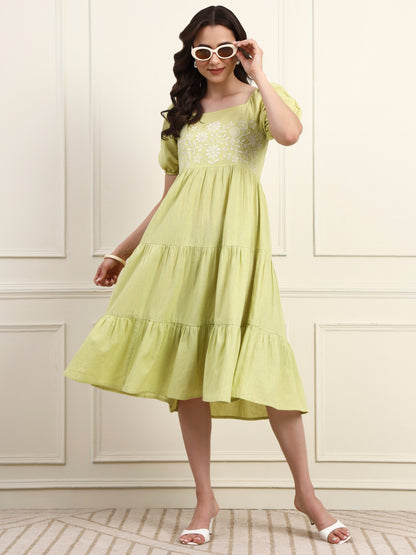 Lime Green Embroidered Tier Dress