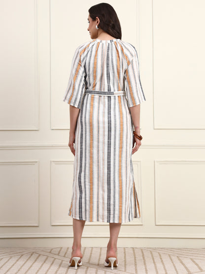 Multi Stripes Tie Waist Midi Dress