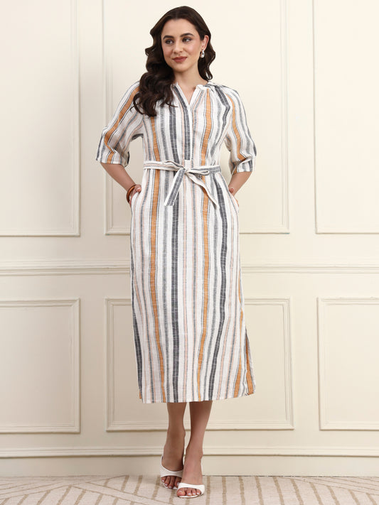 Multi Stripes Tie Waist Midi Dress