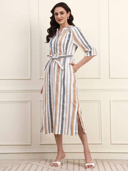 Multi Stripes Tie Waist Midi Dress