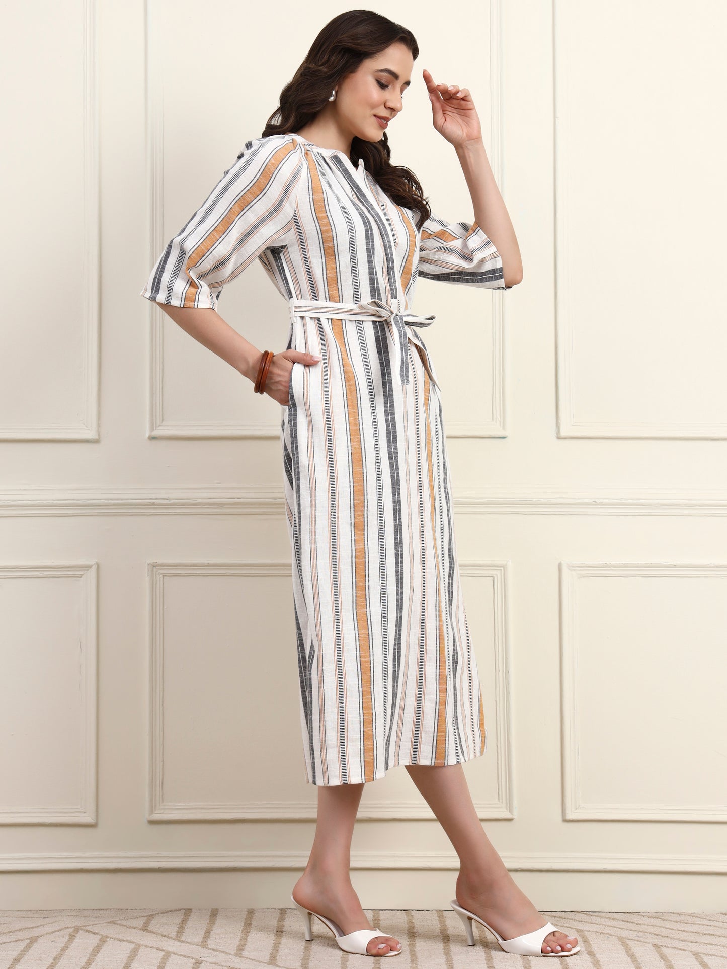 Multi Stripes Tie Waist Midi Dress