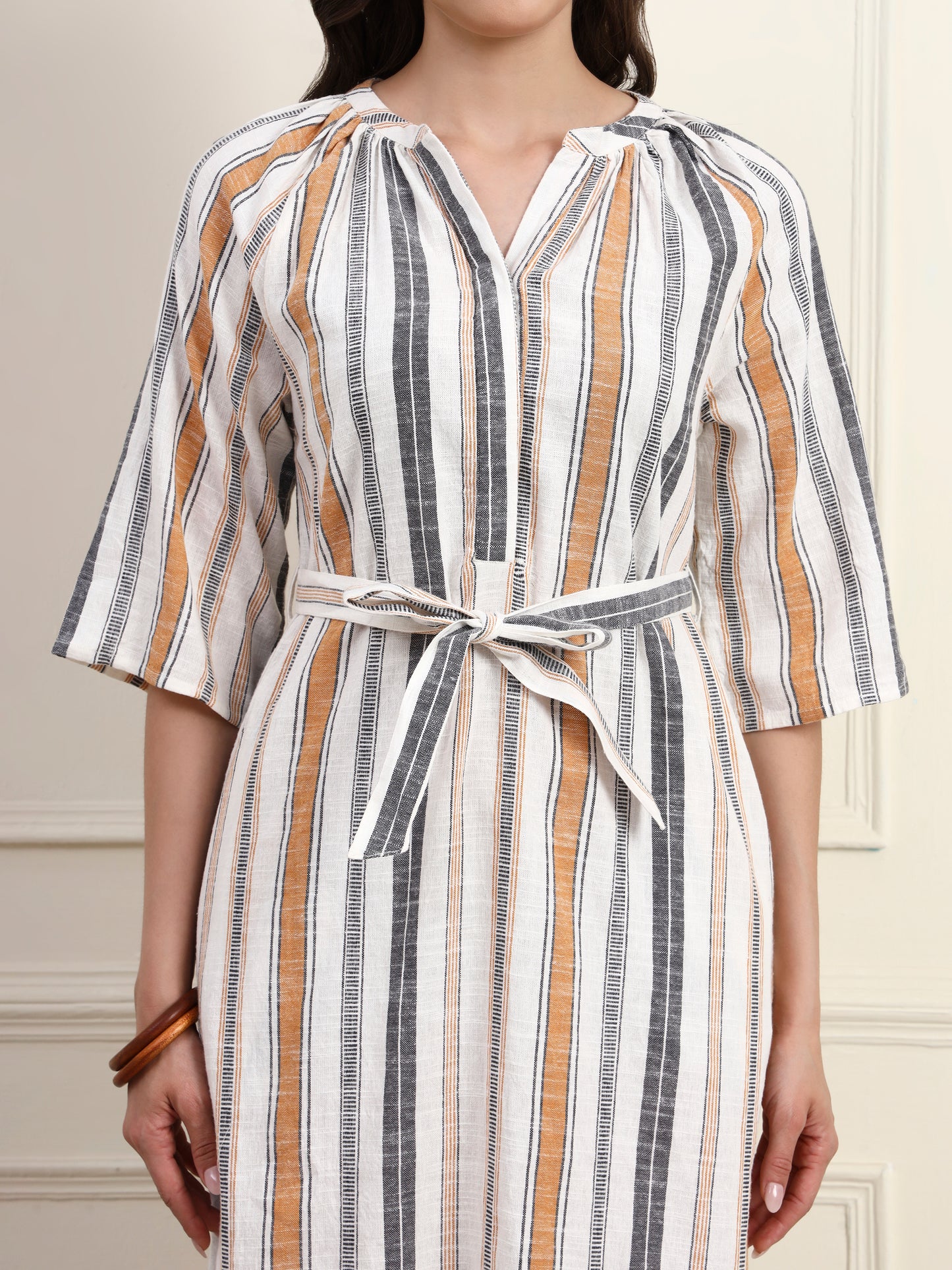 Multi Stripes Tie Waist Midi Dress