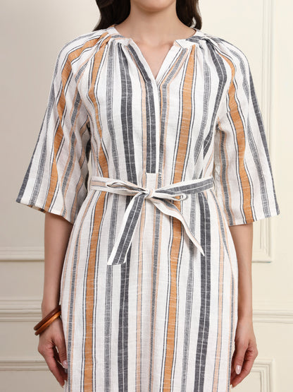Multi Stripes Tie Waist Midi Dress