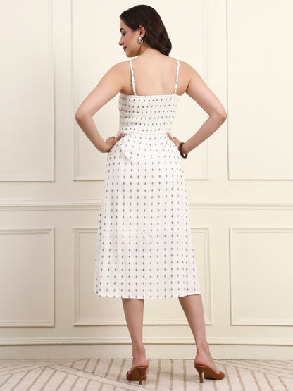 White Cotton Smocked Midi Dress