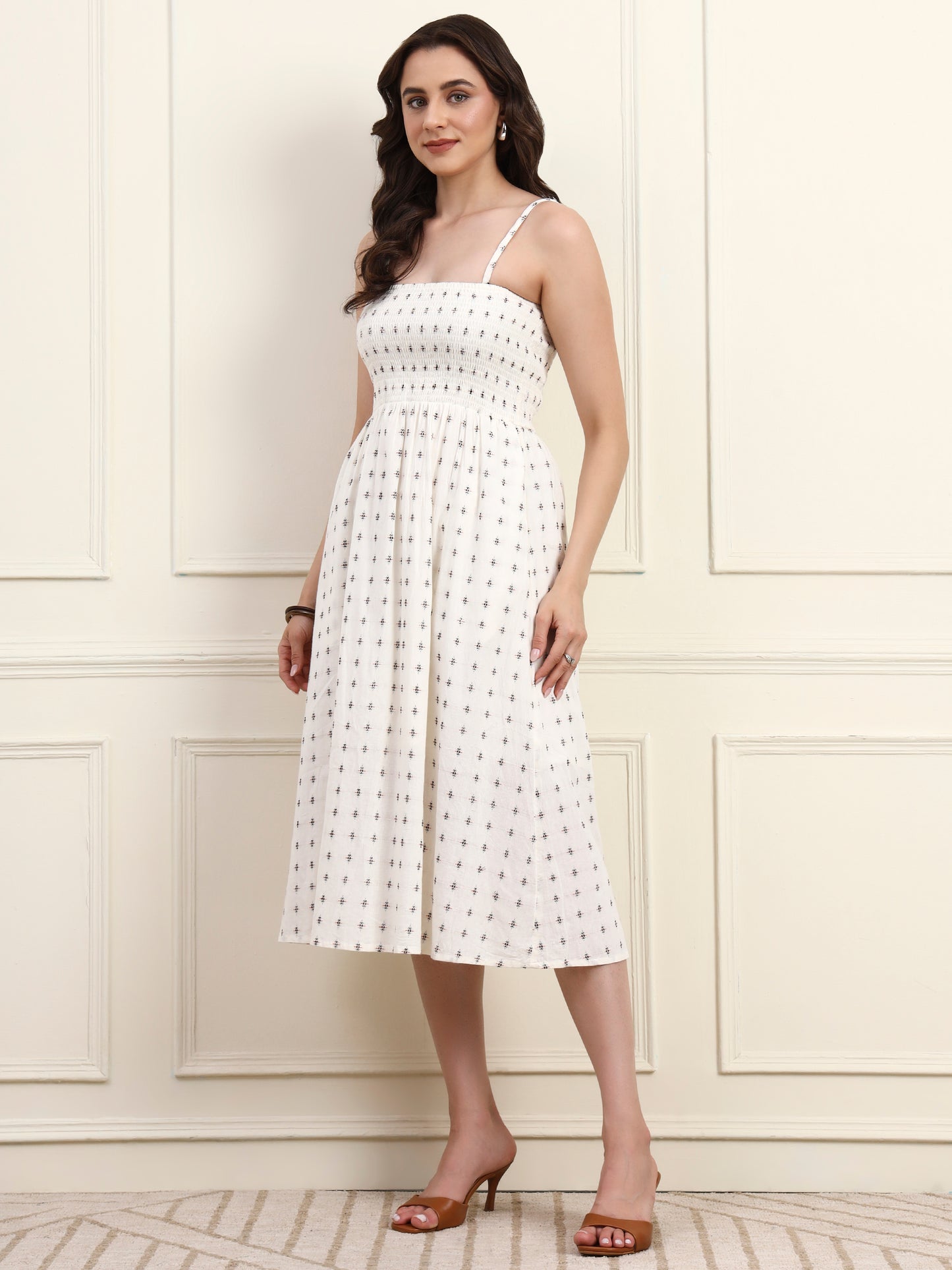 White Cotton Smocked Midi Dress