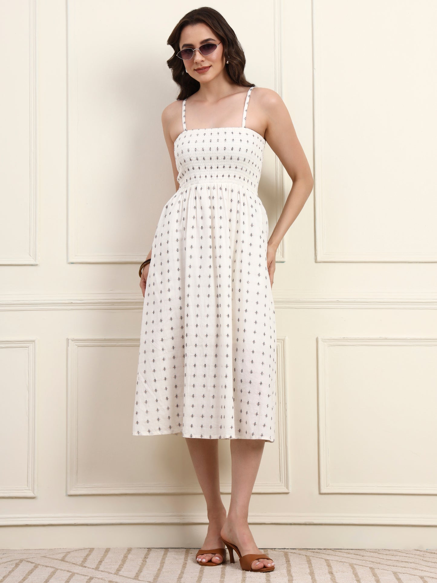 White Cotton Smocked Midi Dress