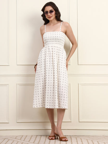White Cotton Smocked Midi Dress