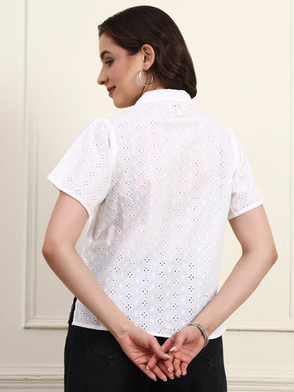 White Schiffli Button Down Top