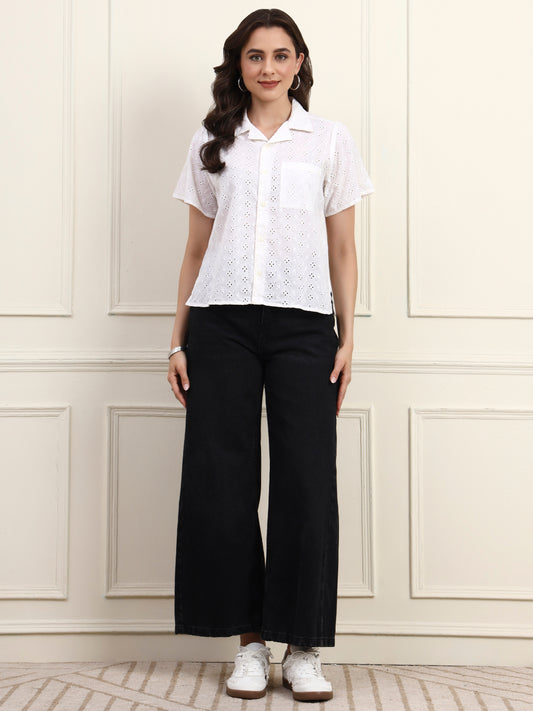 White Schiffli Button Down Top