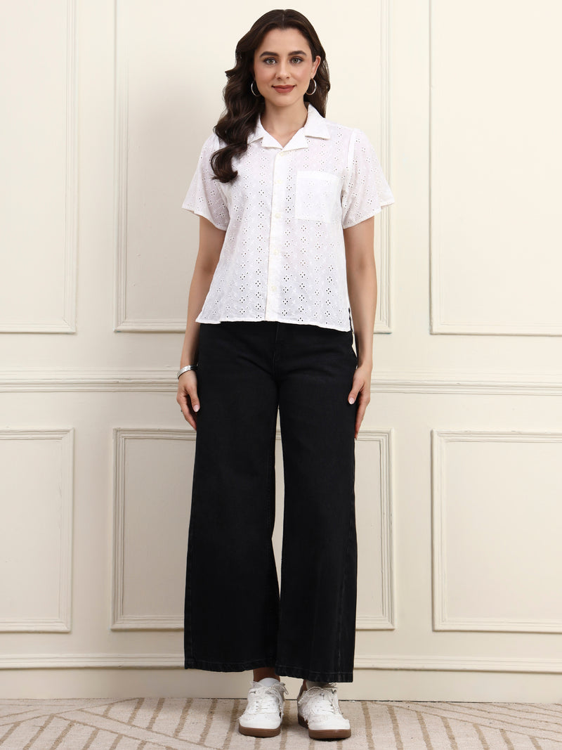 White Schiffli Button Down Top