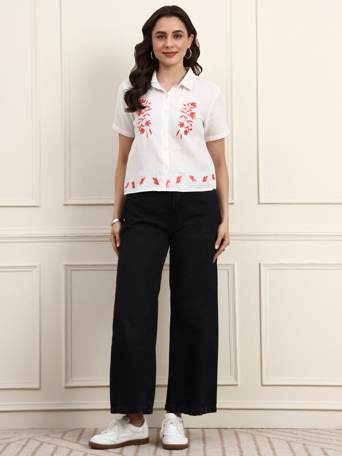 White Embroidered Button Down Top