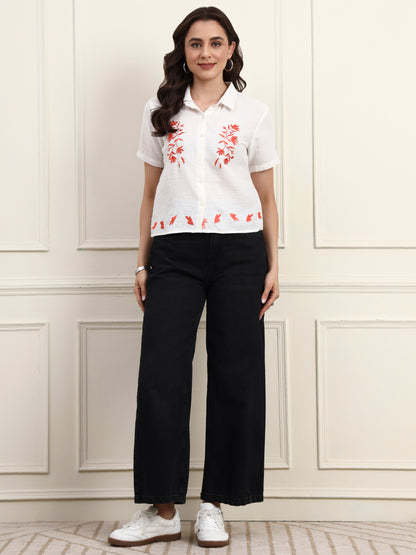 White Embroidered Button Down Top