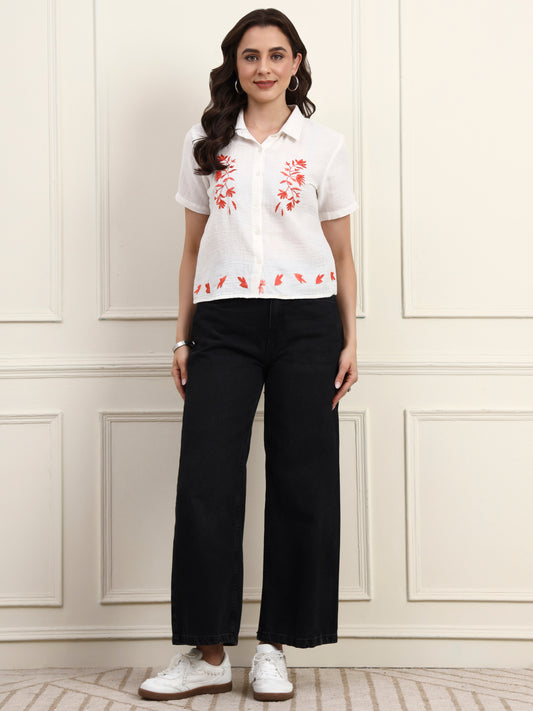 White Embroidered Button Down Top