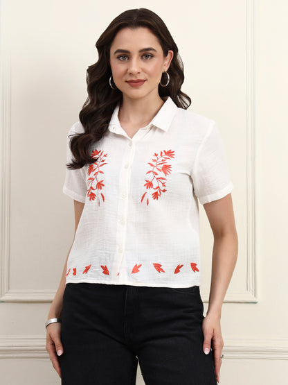 White Embroidered Button Down Top