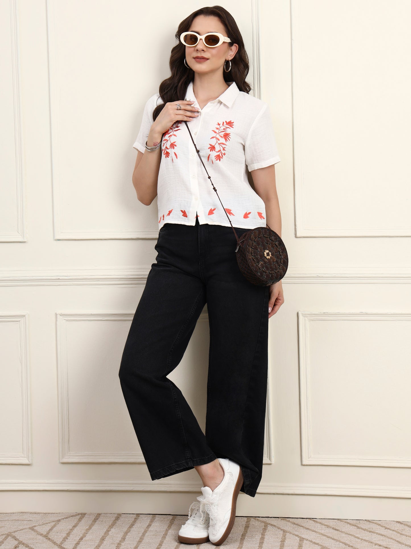 White Embroidered Button Down Top