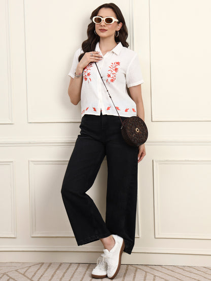 White Embroidered Button Down Top