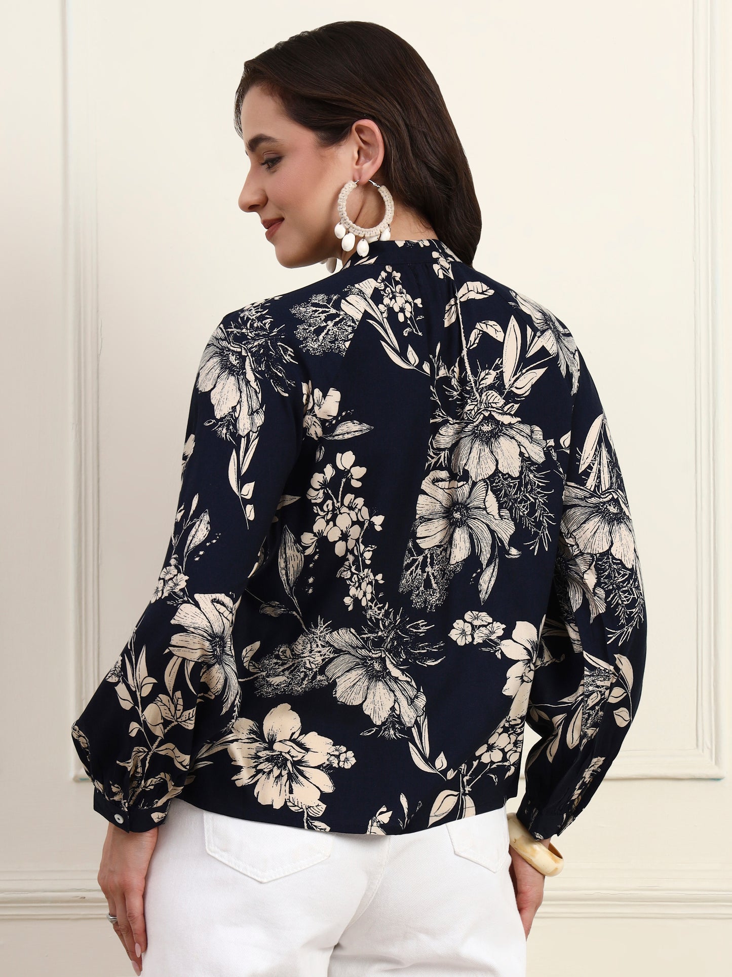 Navy Floral Printed Button Down Top