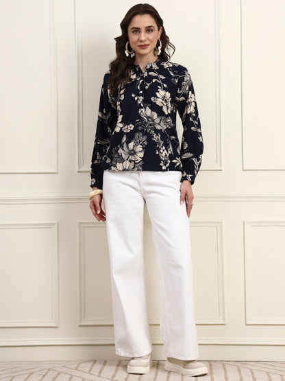 Navy Floral Printed Button Down Top