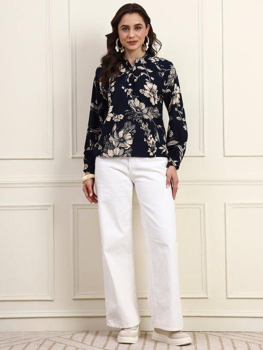 Navy Floral Printed Button Down Top