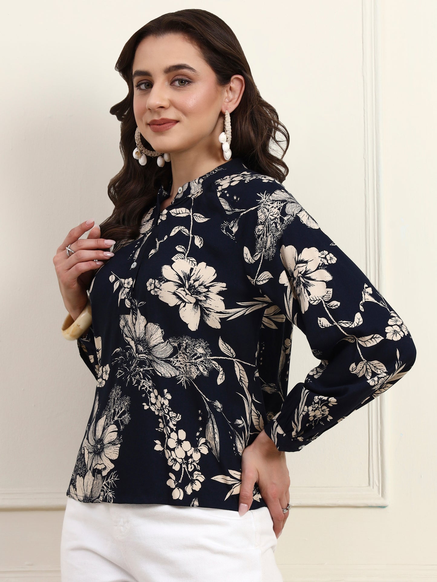 Navy Floral Printed Button Down Top