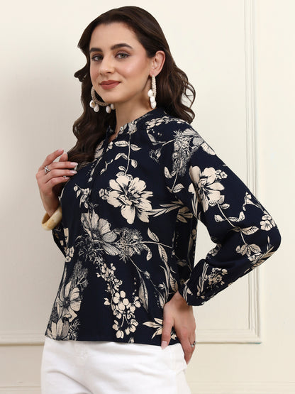 Navy Floral Printed Button Down Top