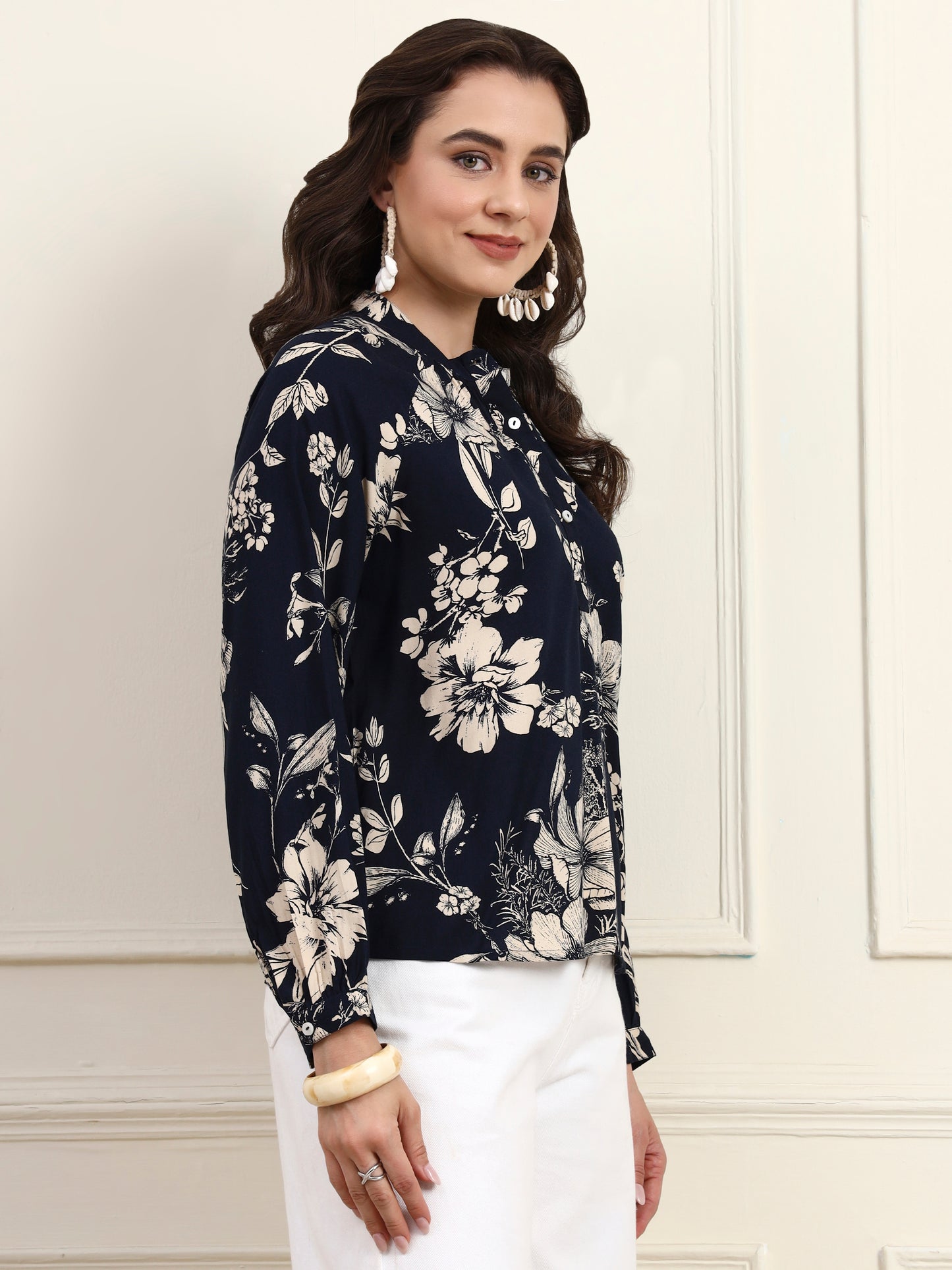 Navy Floral Printed Button Down Top