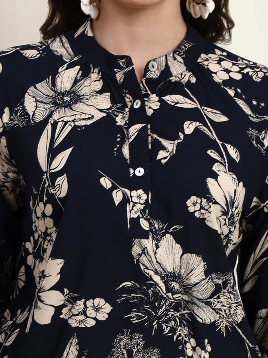Navy Floral Printed Button Down Top