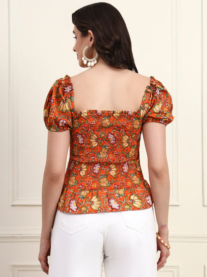 Orange Floral Printed Smocked Crop Top