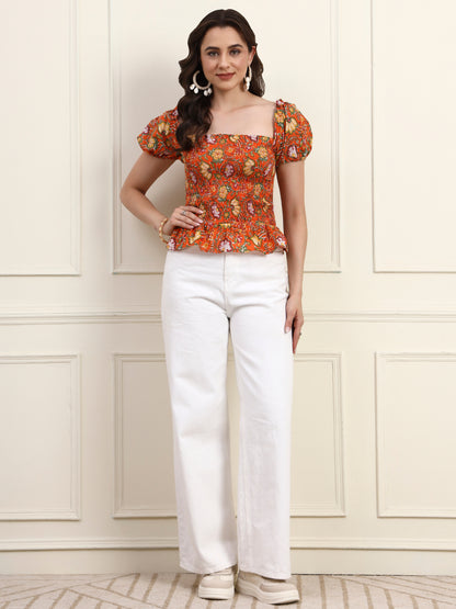 Orange Floral Printed Smocked Crop Top