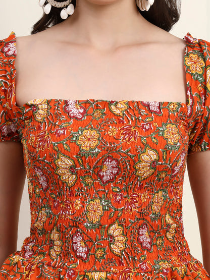 Orange Floral Printed Smocked Crop Top