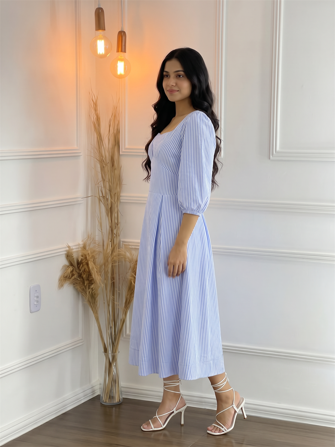 Blue & White Striped Square Neck Midi Dress