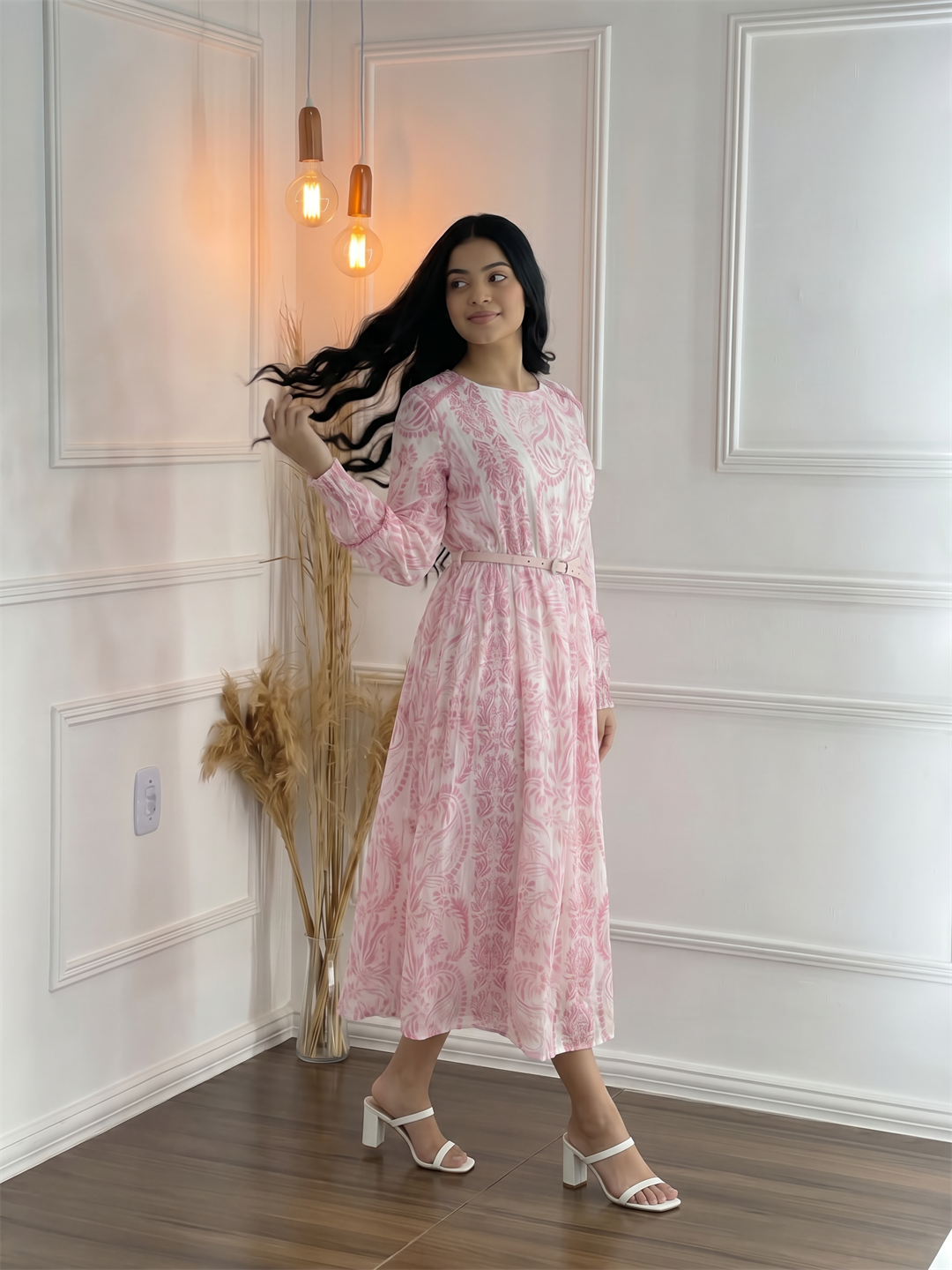 Pink Paisley Printed Long Sleeve Midi Dress