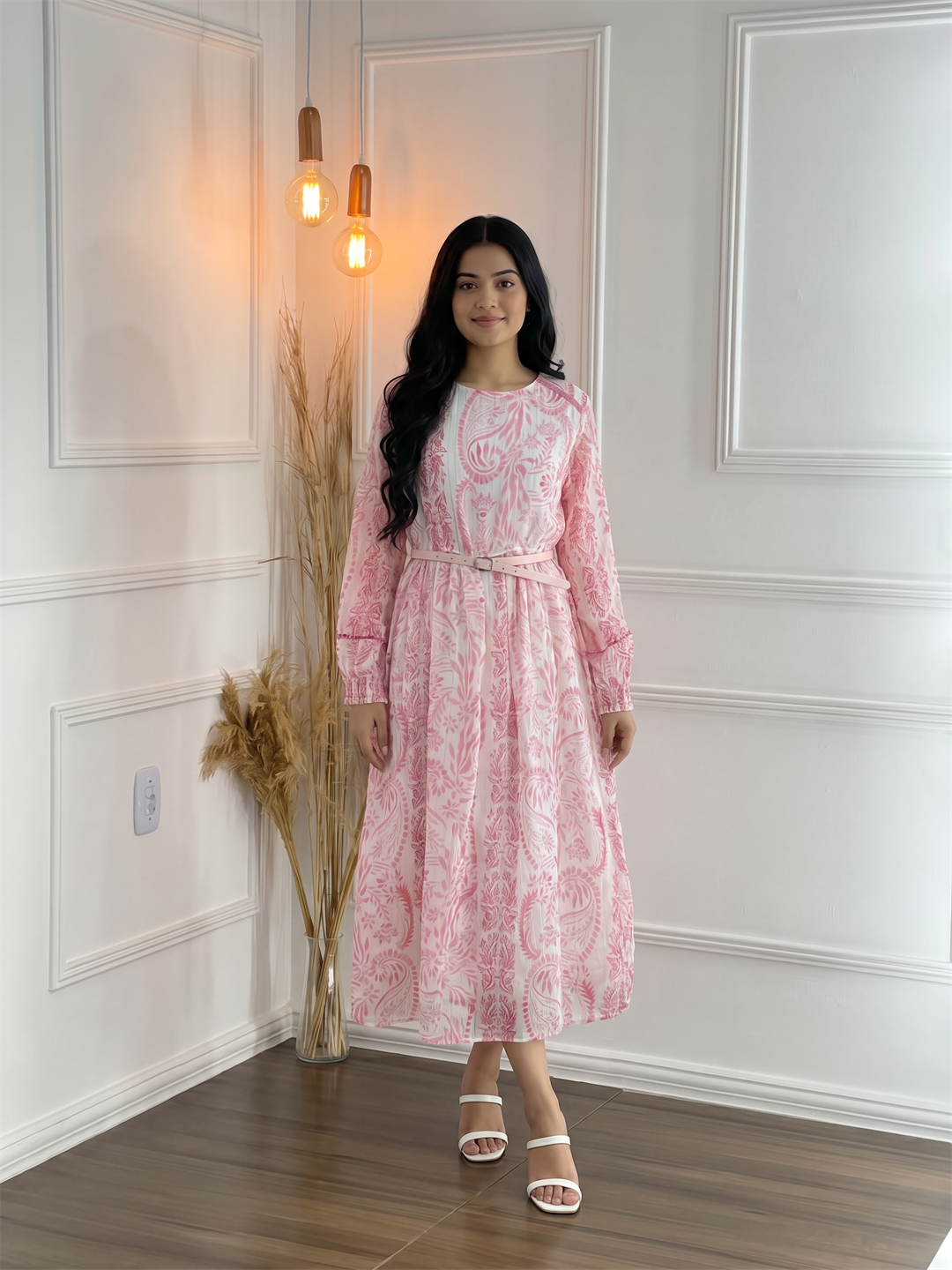 Pink Paisley Printed Long Sleeve Midi Dress