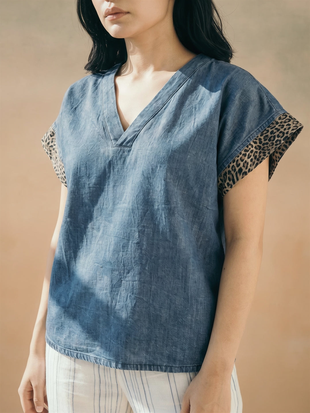 Denim Leopard Sleeve Top