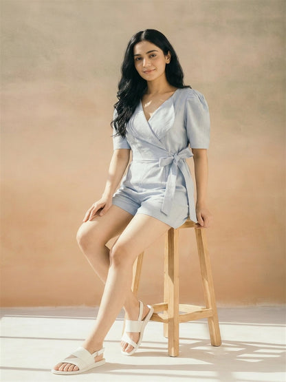 Powder Blue Puff-Sleeve Romper Dress