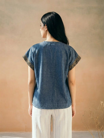 Denim Leopard Sleeve Top