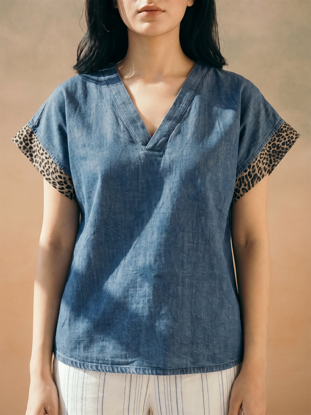Denim Leopard Sleeve Top