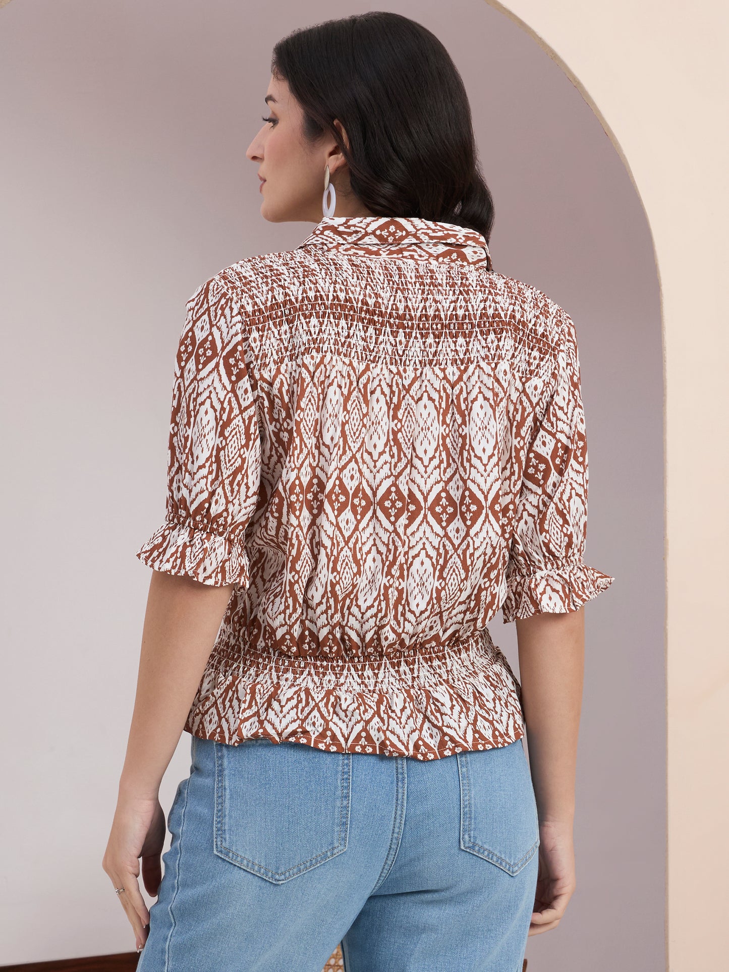 Brown Geometric Button Down Top