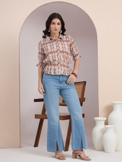 Brown Geometric Button Down Top