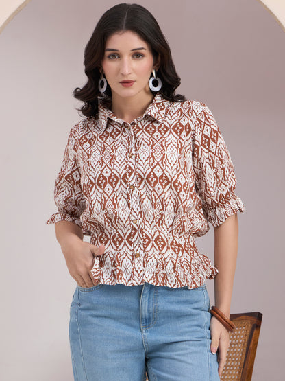 Brown Geometric Button Down Top